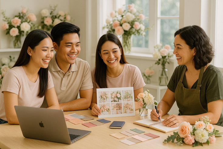 Young filipino couple planning floral design with stylist in bright studio with moodboard and fresh blooms