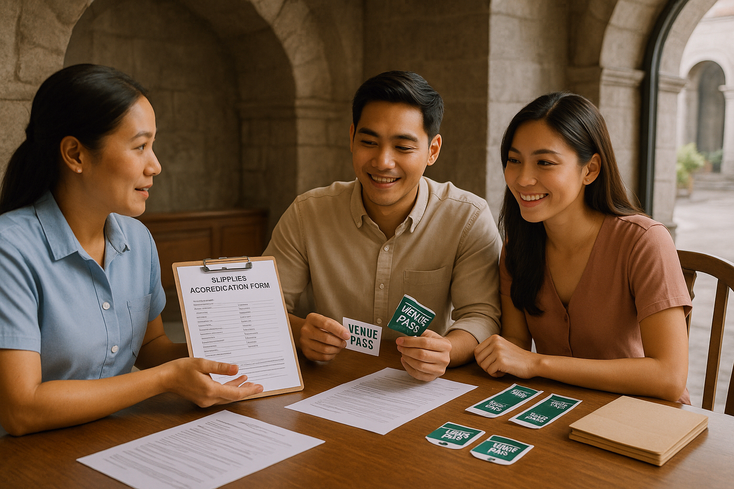 Young filipino couple confirming church and venue accreditation with staff at a historic Manila church