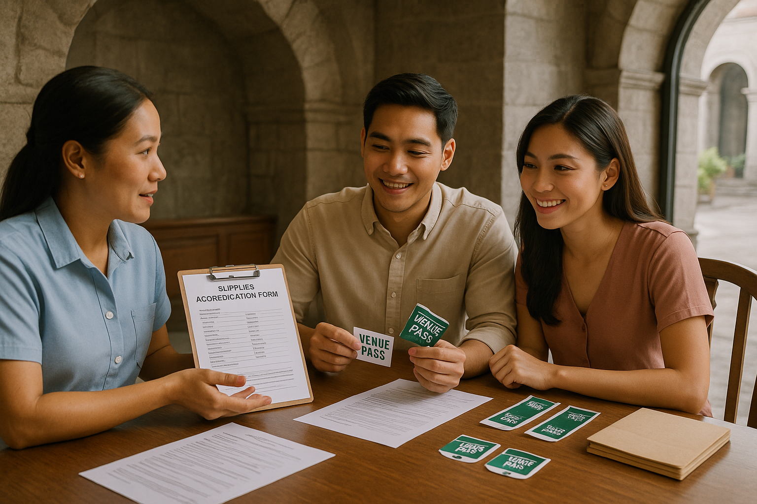Young filipino couple confirming church and venue accreditation with staff at a historic Manila church