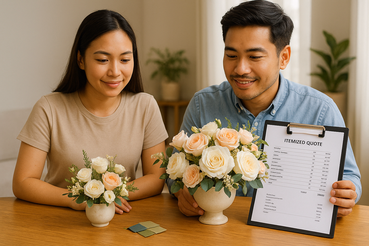 Young filipino couple comparing centerpiece options and a repurposing plan with their stylist