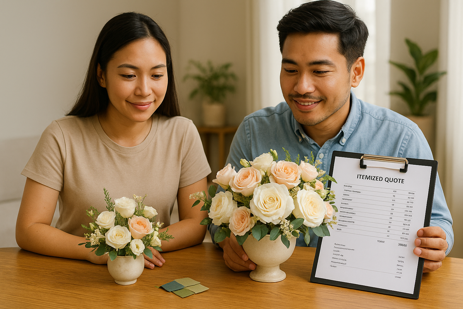 Young filipino couple comparing centerpiece options and a repurposing plan with their stylist