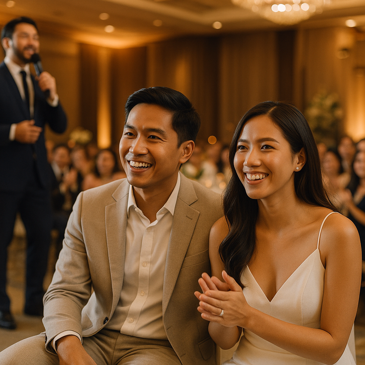 Young Filipino couple at a wedding reception with emcee on stage warm ballroom lights and happy guests in view