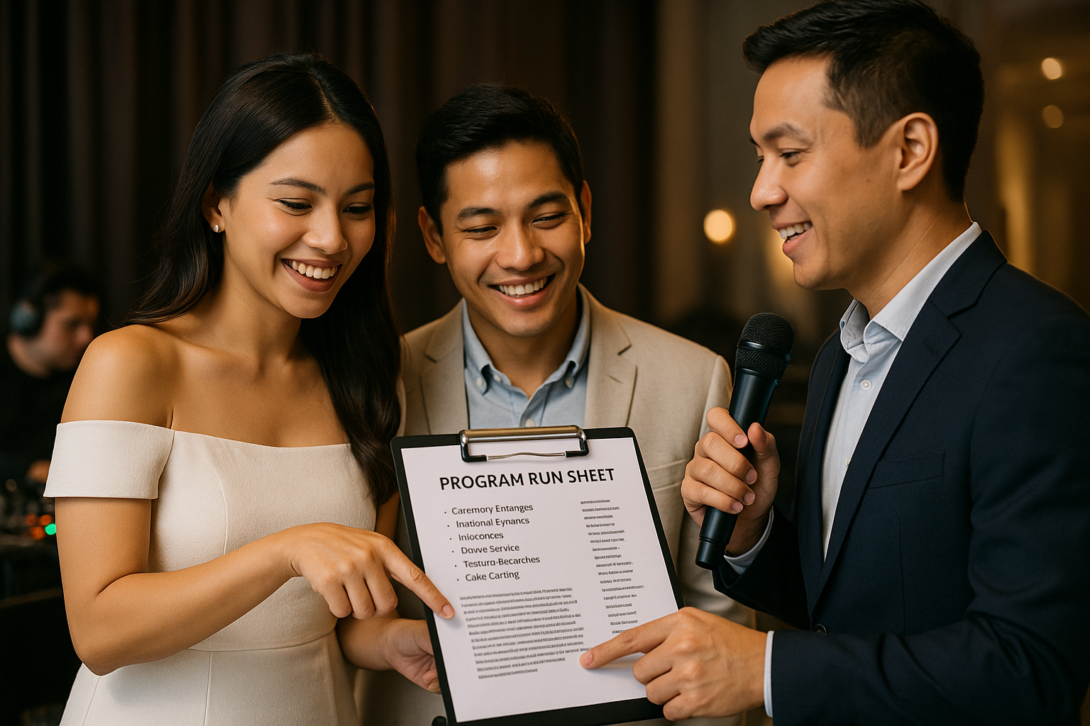 Young Filipino couple and emcee reviewing run sheet and cue cards backstage with venue lights behind them