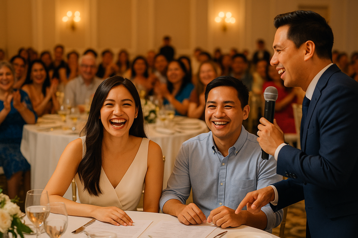 Young Filipino couple laughing as emcee leads a tasteful game among tables with cheering guests