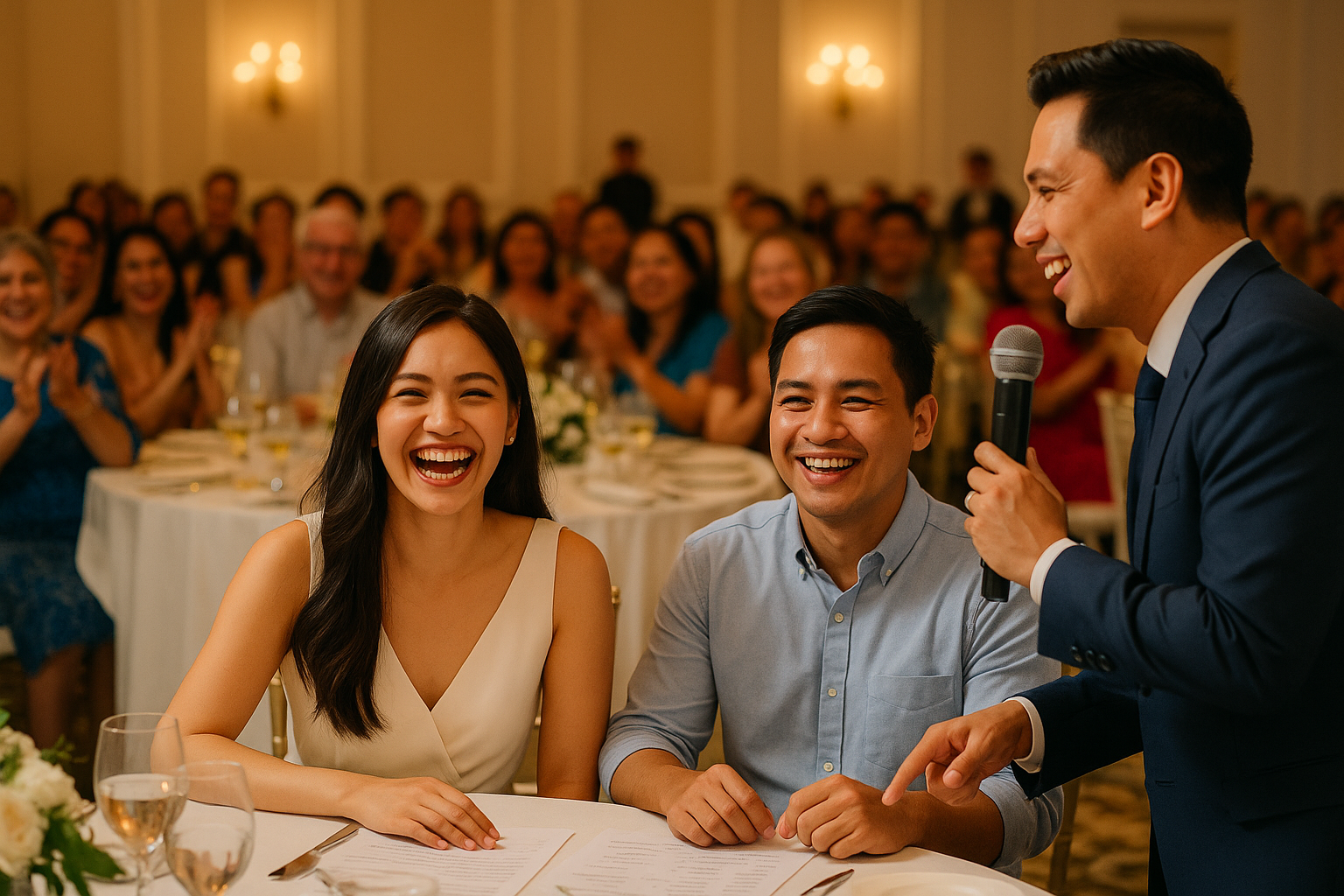 Young Filipino couple laughing as emcee leads a tasteful game among tables with cheering guests
