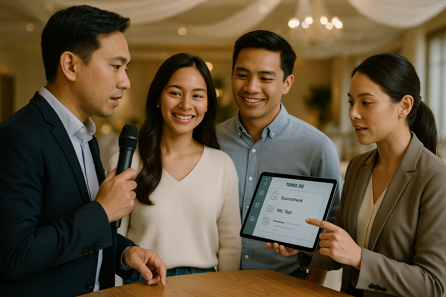 Young Filipino couple with emcee and coordinator checking a timeline on a tablet during soundcheck in the venue