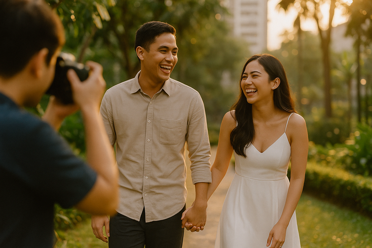 Featured image young Filipino couple laughing during prenup session in a lush Manila style garden at golden hour