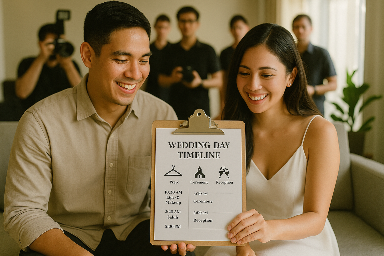 Coverage and Timeline young Filipino couple checking a printed wedding schedule with photographer team beside them