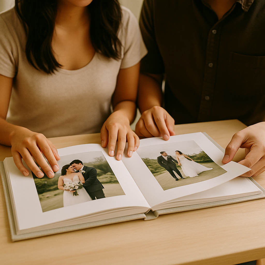 Albums and Design young Filipino couple browsing an open fine art wedding album on a table with linen cover and clean spreads