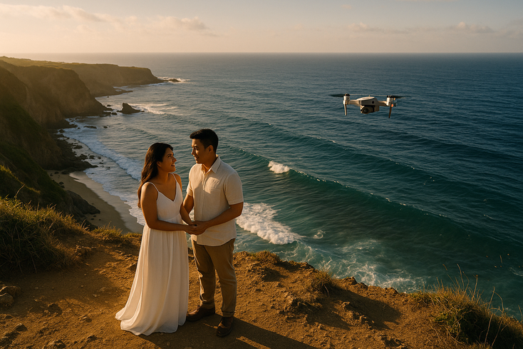 Drone aerial view of a young Filipino couple on a coastal cliff with a small drone in flight and warm sunset light