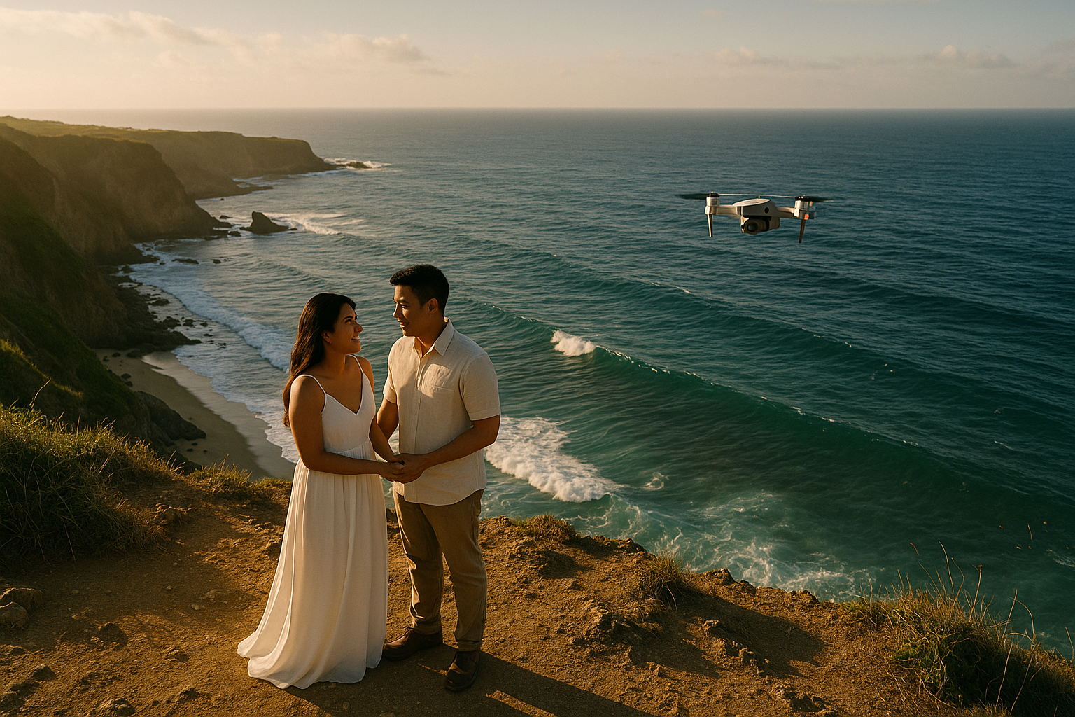 Drone aerial view of a young Filipino couple on a coastal cliff with a small drone in flight and warm sunset light