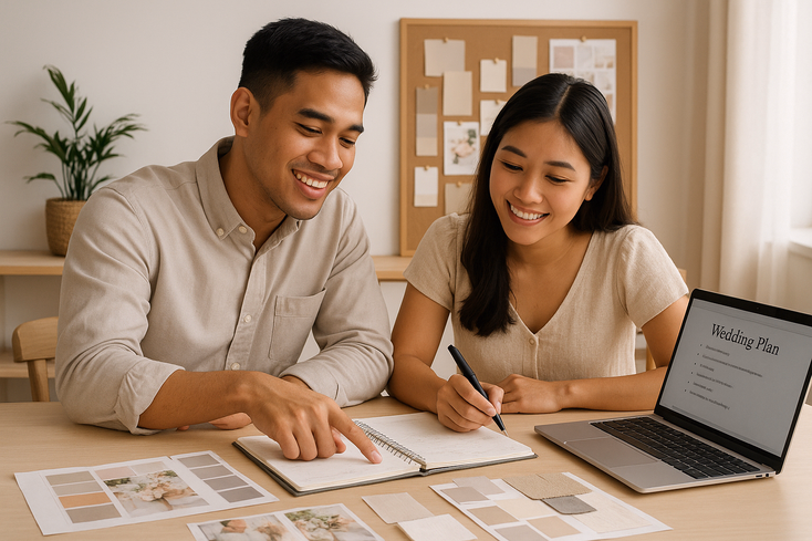 Young Filipino couple planning a wedding with a coordinator in a modern studio