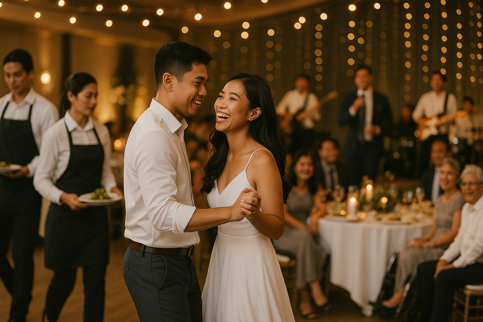 Couple enjoying program and live entertainment with happy guests at their reception