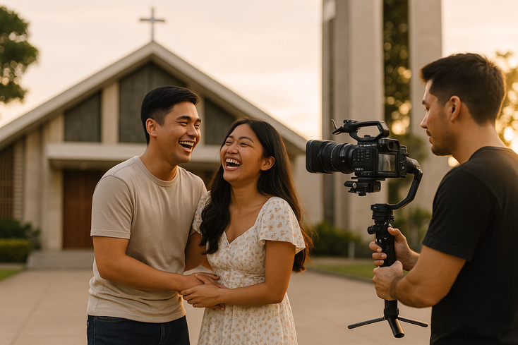 Young Filipino couple outside a Philippine church as a videographer films candid smiles during golden hour