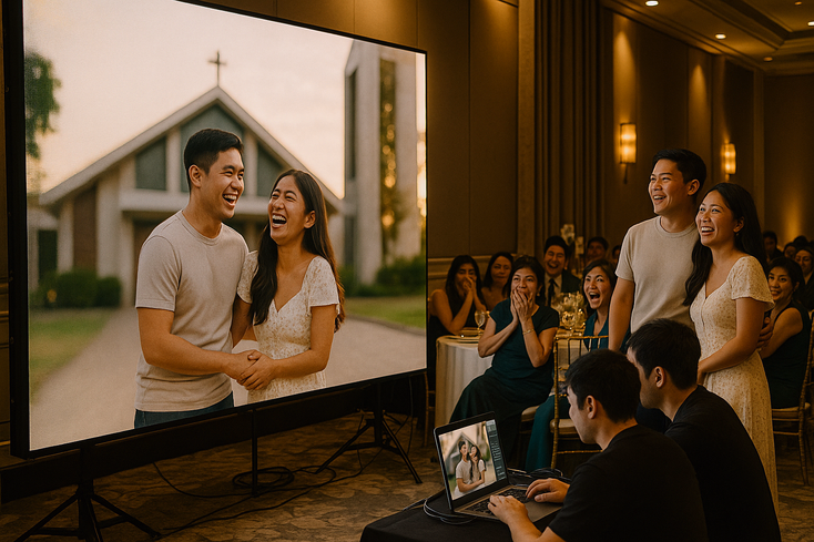 Filipino couple and guests watching a wedding SDE on an LED wall while the video team edits nearby