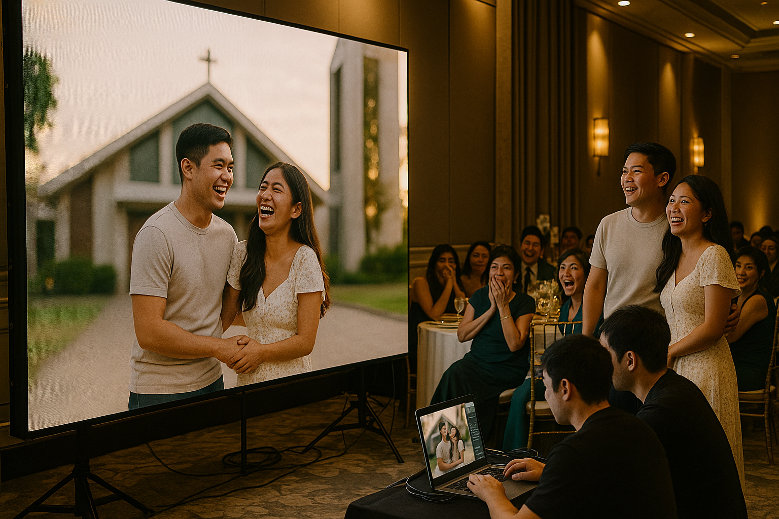 Filipino couple and guests watching a wedding SDE on an LED wall while the video team edits nearby