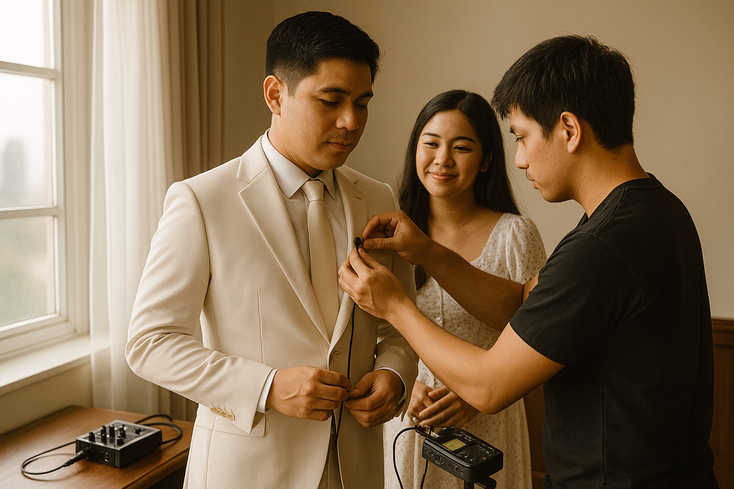 Videographer attaching a lav mic to a Filipino groom with a recorder showing audio levels in a prep room
