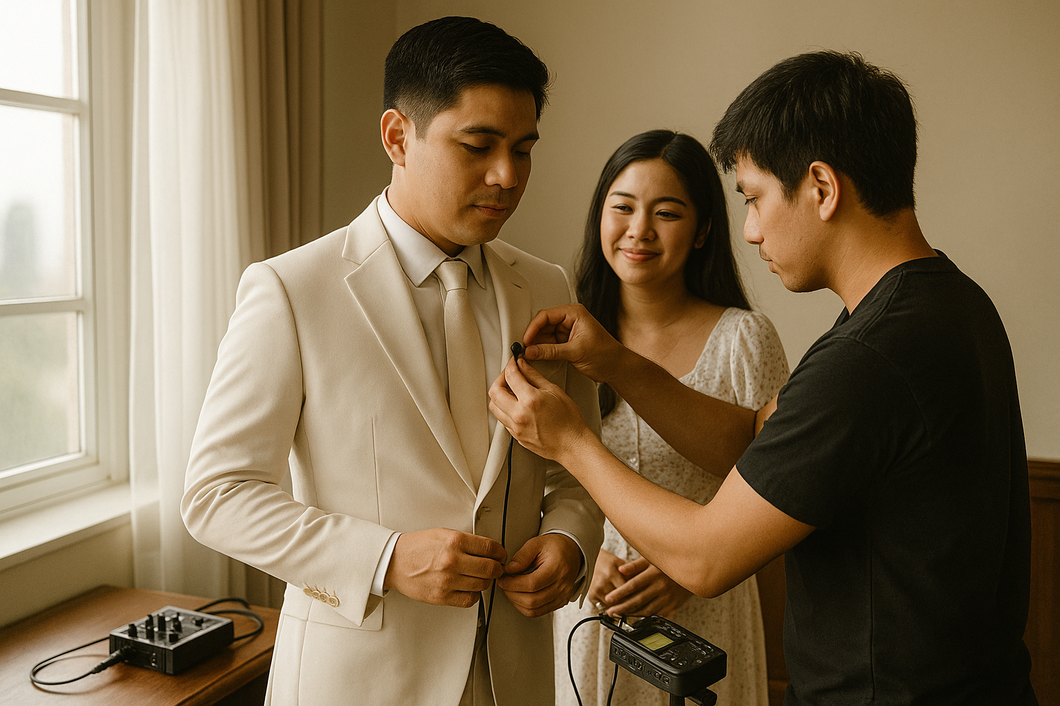 Videographer attaching a lav mic to a Filipino groom with a recorder showing audio levels in a prep room
