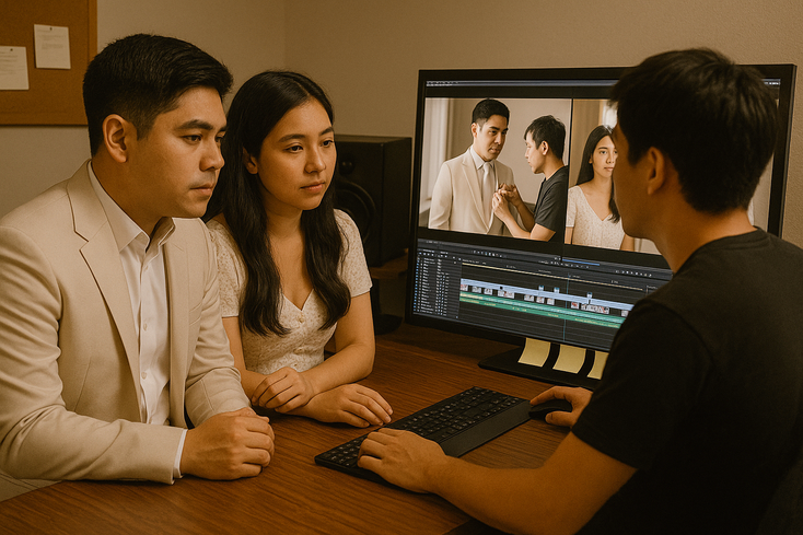 Filipino couple and an editor reviewing wedding footage on a calibrated monitor with visible revision notes
