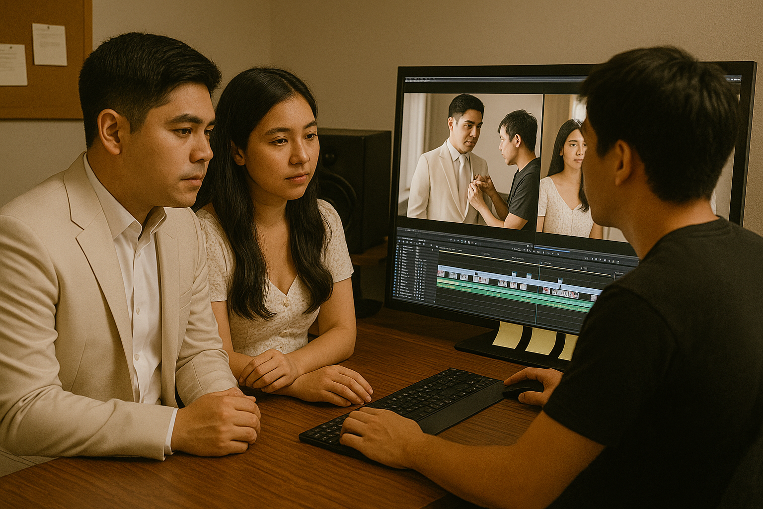 Filipino couple and an editor reviewing wedding footage on a calibrated monitor with visible revision notes