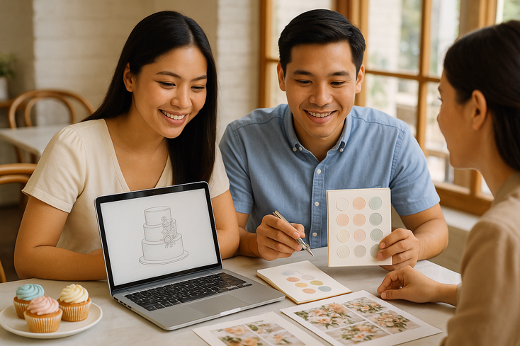Young couple planning wedding cake at a Manila cafe with laptop sketches and sample cupcakes