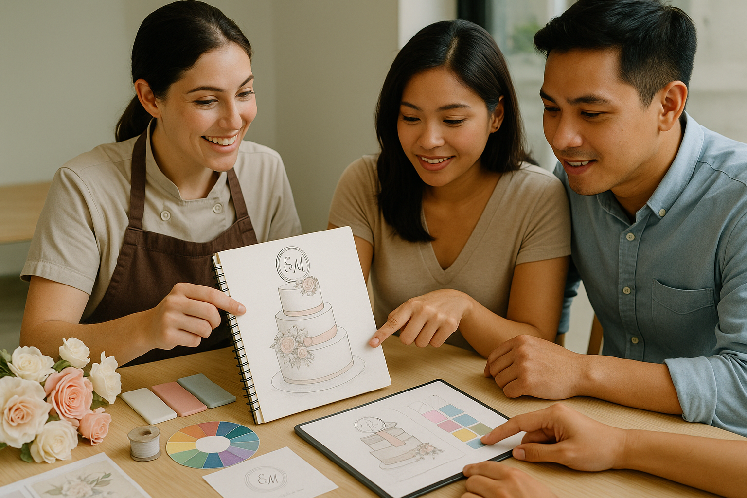 Young couple reviewing cake design sketches and color swatches with sugar flowers and topper options