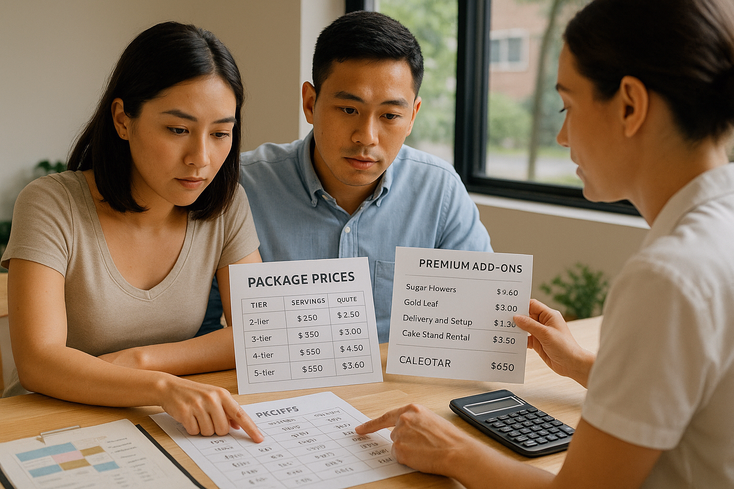 Young couple comparing wedding cake pricing with calculator contracts and delivery and setup details