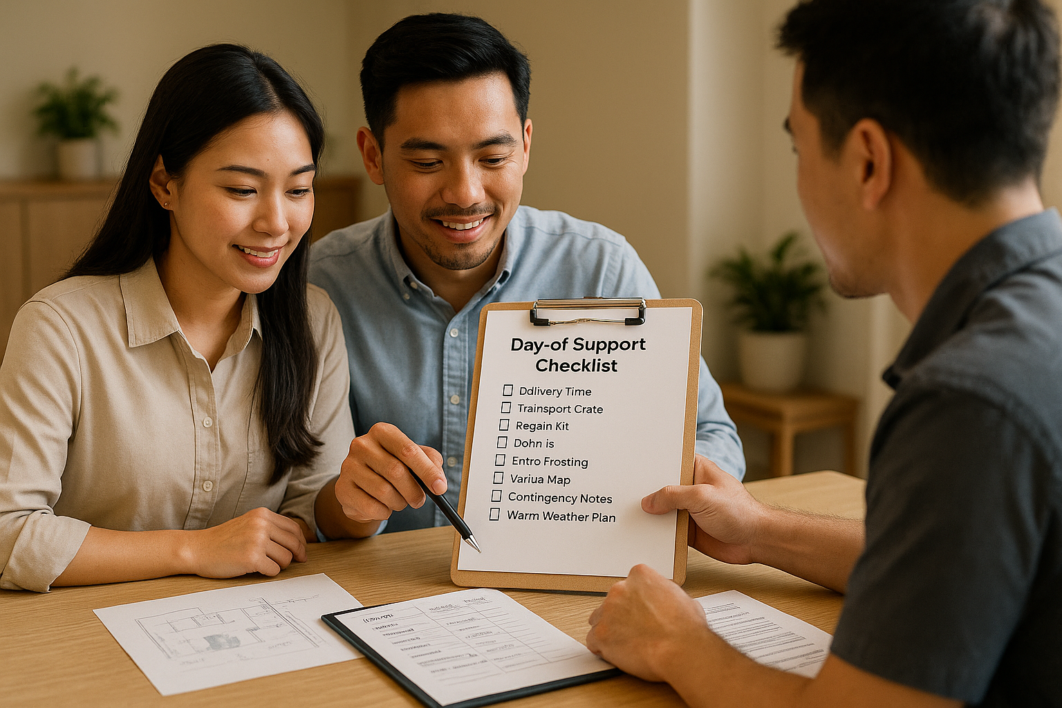 Young couple confirming day of support with vendor including delivery timing repair kit and heat plan