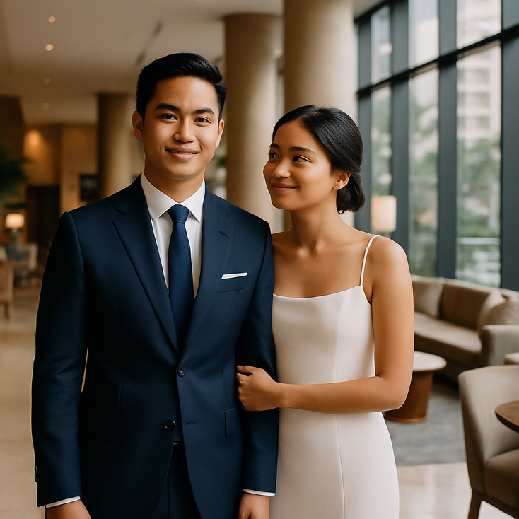 Young Filipino couple in wedding attire at a modern hotel lobby in Manila