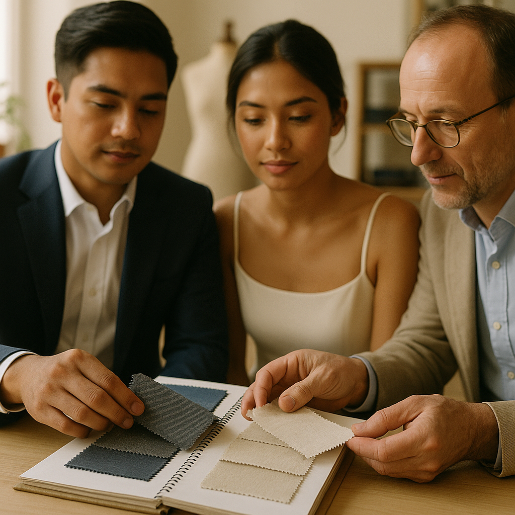 Filipino couple with a tailor reviewing breathable fabric swatches for tropical climate