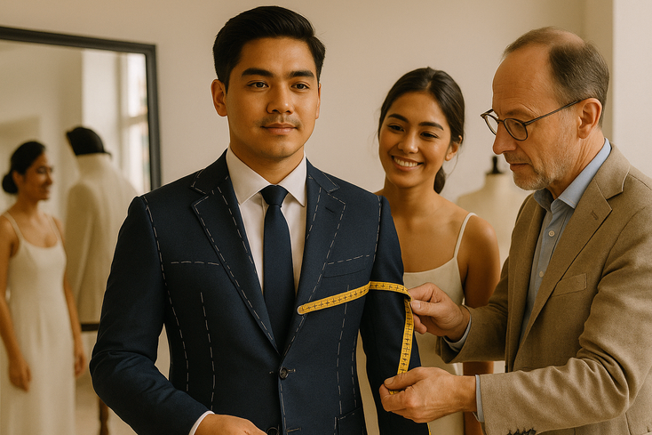 Tailor measuring a Filipino groom during a suit fitting with bride observing