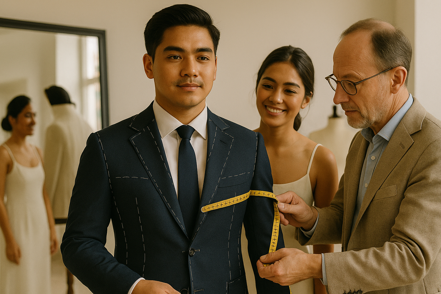 Tailor measuring a Filipino groom during a suit fitting with bride observing