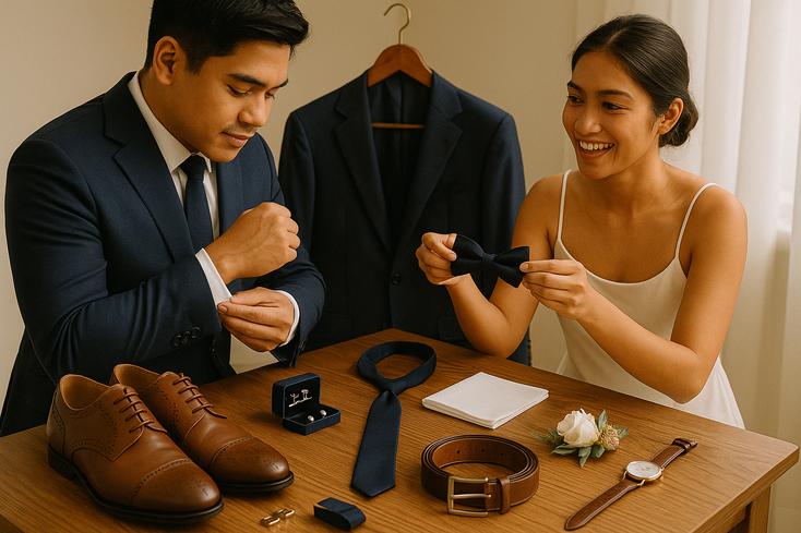 Filipino groom and bride arranging wedding suit accessories on a wooden table