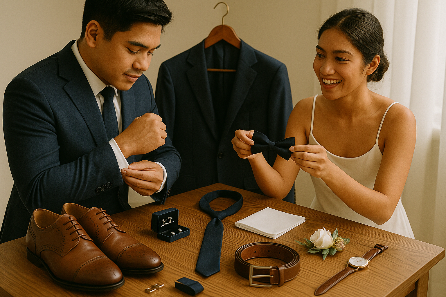 Filipino groom and bride arranging wedding suit accessories on a wooden table