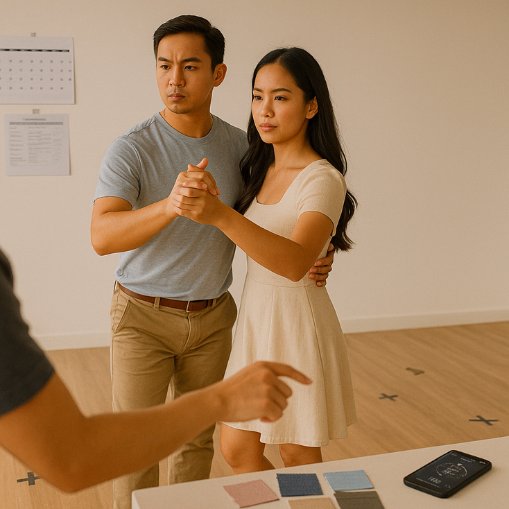 Couple rehearsing first dance in a mirror studio with choreographer and visible schedule
