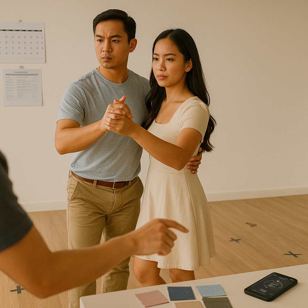Couple rehearsing first dance in a mirror studio with choreographer and visible schedule