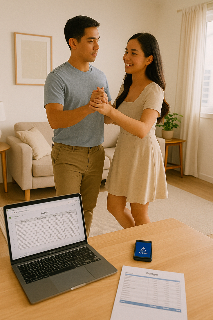 Couple reviewing choreography pricing with laptop spreadsheet receipts and GCash on phone