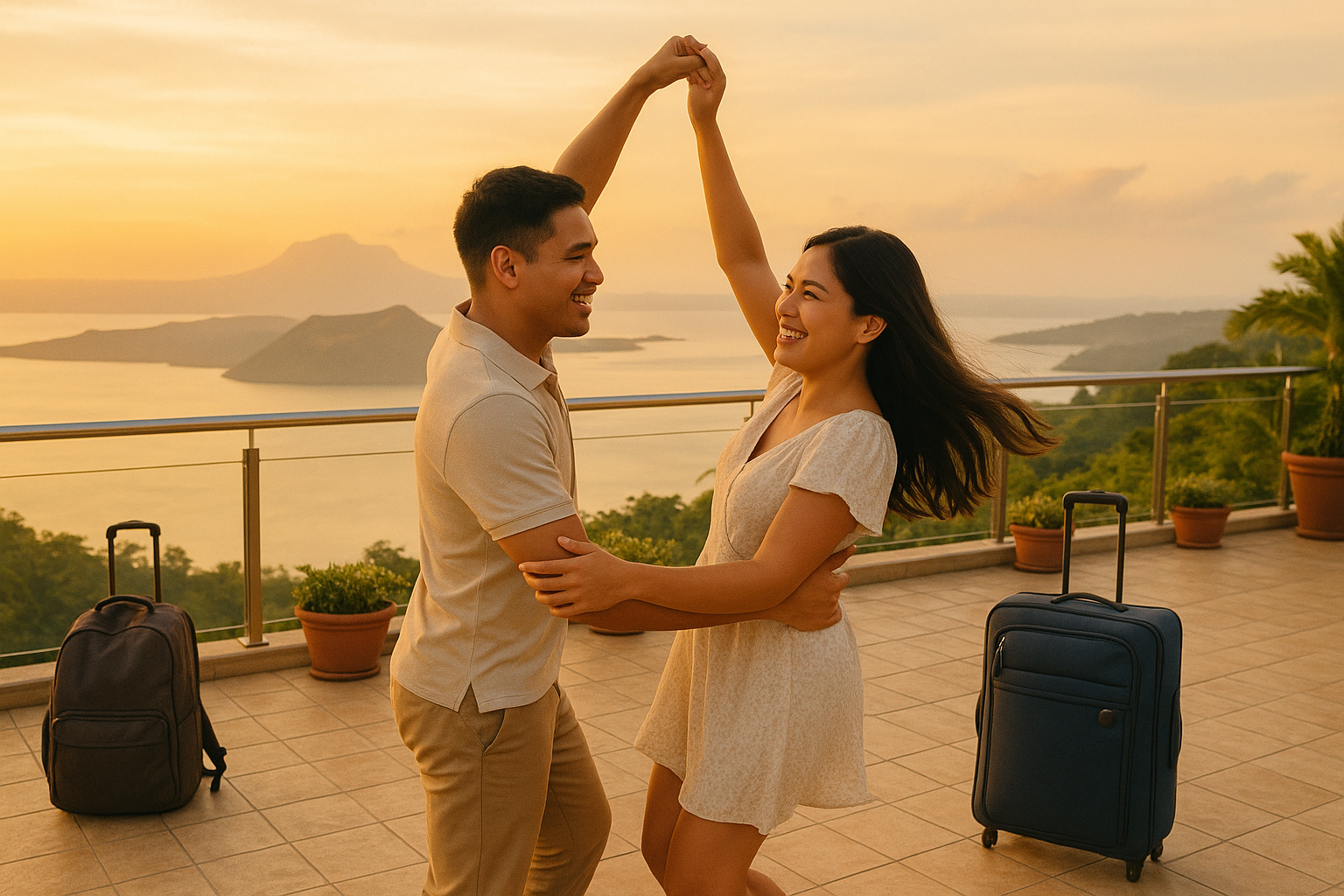 Couple planning destination wedding dance on a resort terrace overlooking Taal