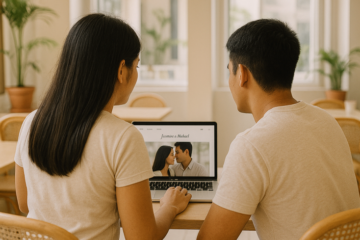 Young Filipino couple checking a wedding website on laptop and phone in a bright cafe