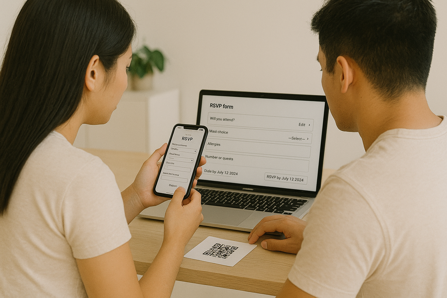 Young Filipino couple filling a wedding RSVP form on a phone with laptop open beside them