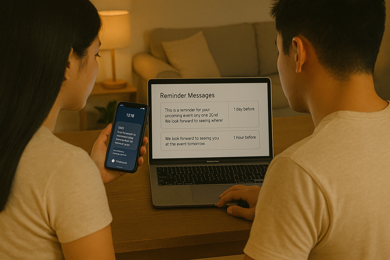 Young Filipino couple previewing SMS reminders on phone while planning messages on laptop