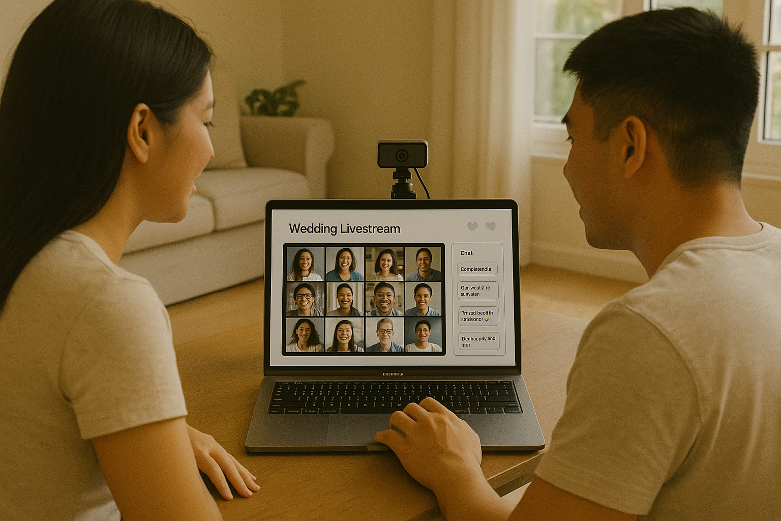 Young Filipino couple setting up a wedding livestream with camera and grid of remote guests on laptop