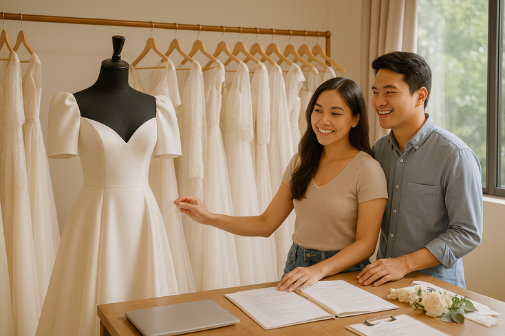 Young Filipino couple in Manila bridal boutique reviewing gowns realistic style