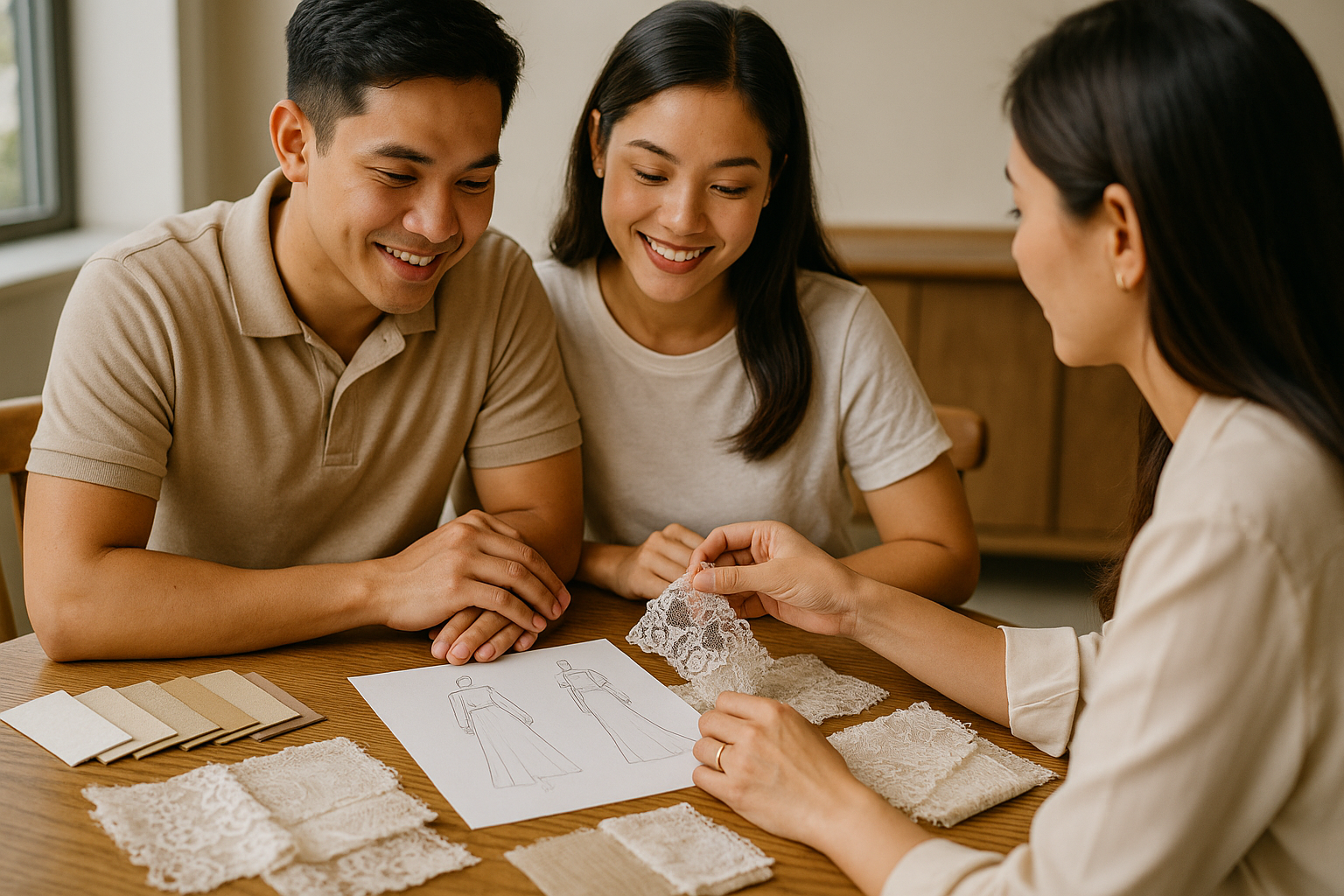 Young Filipino couple choosing fabrics and design details with bridal designer realistic style
