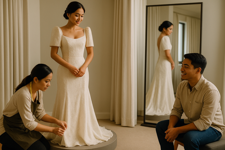 Filipino bride during gown fitting with tailor while partner watches realistic style