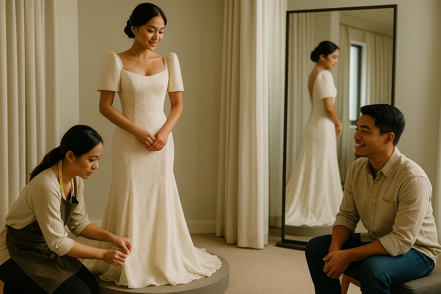 Filipino bride during gown fitting with tailor while partner watches realistic style