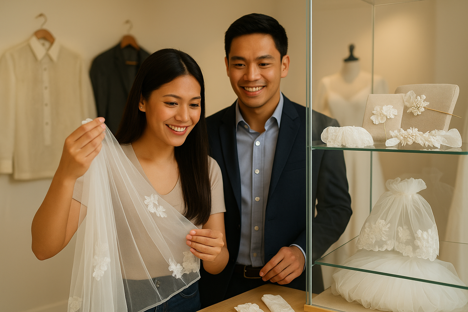 Filipino couple selecting veil sleeves overskirt and accessories realistic style