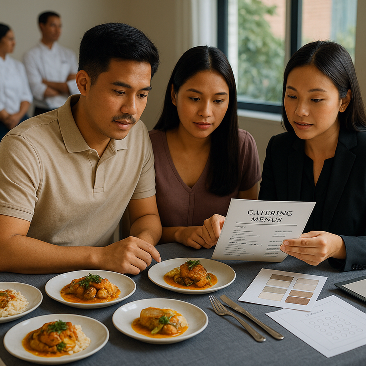 Young Filipino couple at a menu tasting with plated dishes and tableware samples