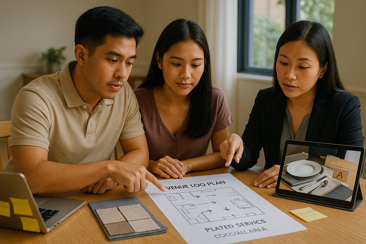 Couple planning guest flow with caterer over floor plan showing buffet stations and seating