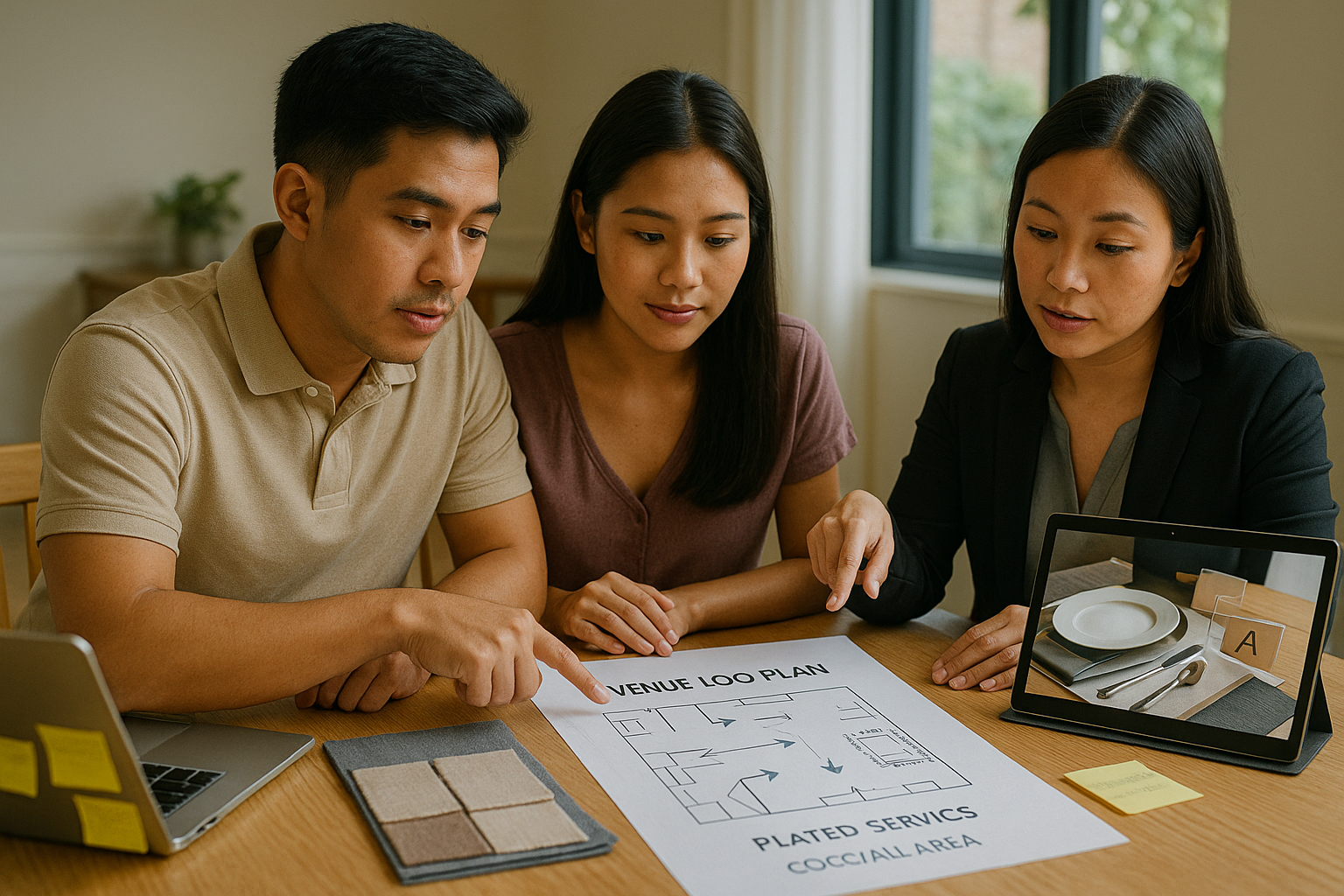 Couple planning guest flow with caterer over floor plan showing buffet stations and seating